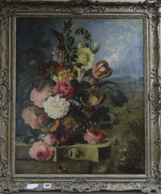 After Cecil Kennedy Still life of flowers in a vase on a ledge, a landscape beyond 29 x 24in.